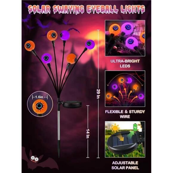 6 Pack Halloween Decorations Outdoor Solar Eyeball Lights, Purple and Orange - Picture 2 of 7